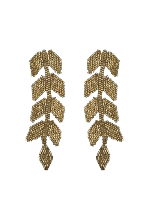 Gold Shimmer Beaded Leaf Earrings