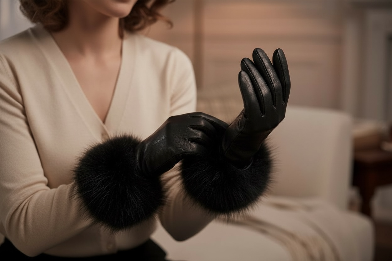 Genuine Leather Gloves With Faux Fur In Black