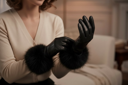 Genuine Leather Gloves With Faux Fur In Black