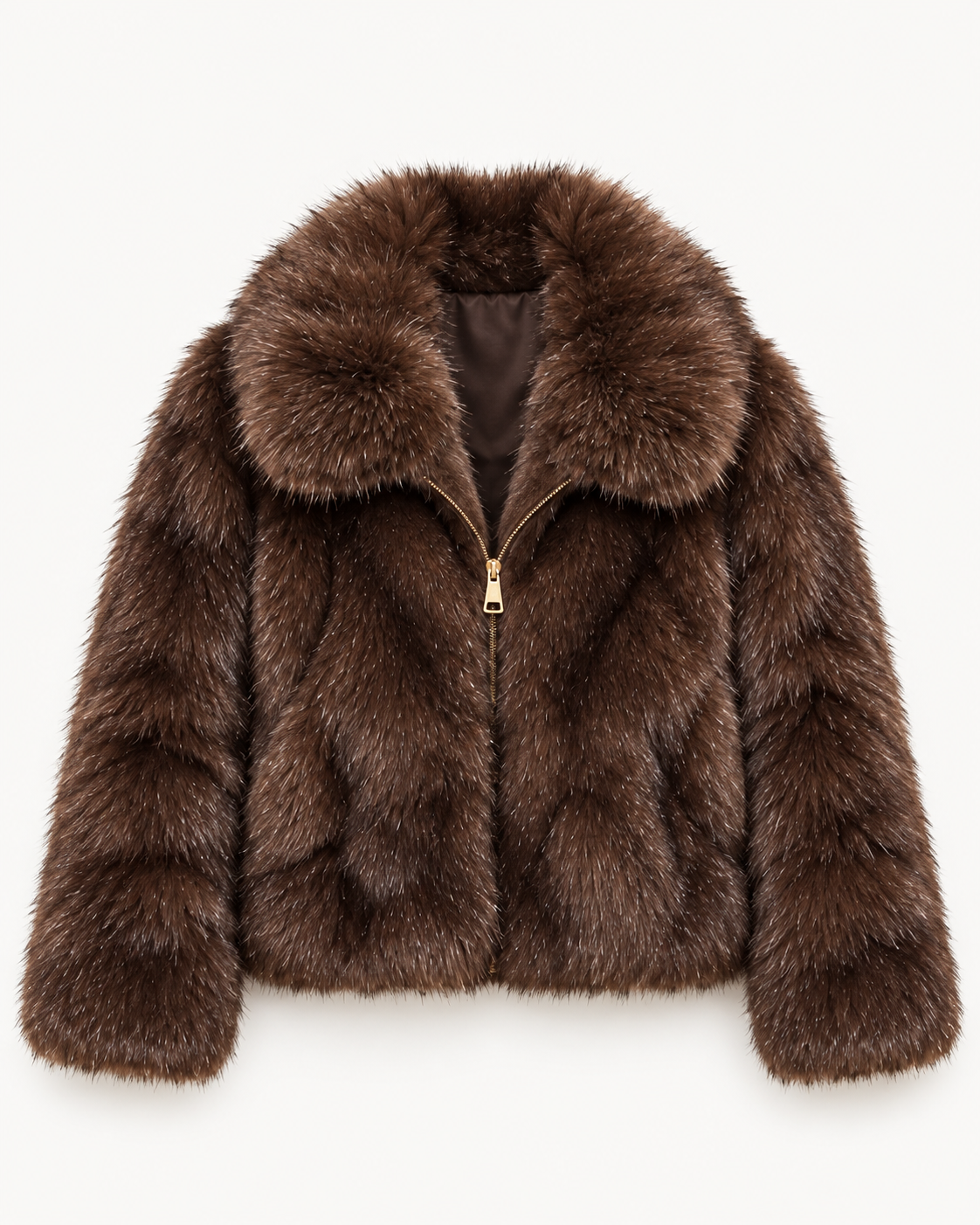 Faux Fur Jacket With Collar & Good Zip In Chocolate Brown