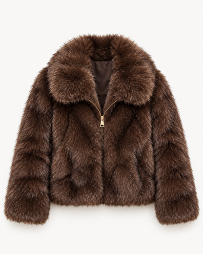 Faux Fur Jacket With Collar & Good Zip In Chocolate Brown