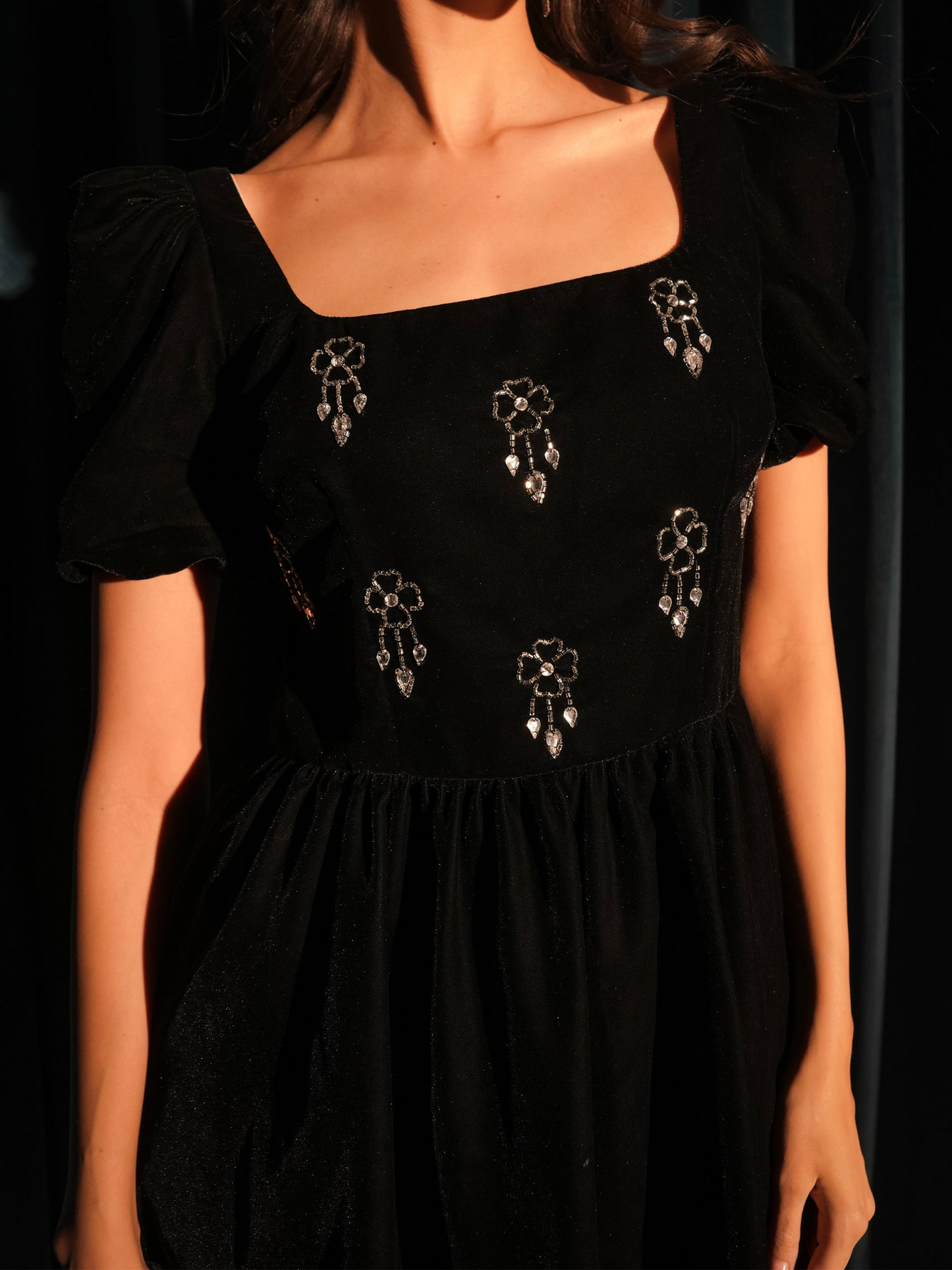 Rose And Nancy Embellished Square Neck Velvet Mini Dress