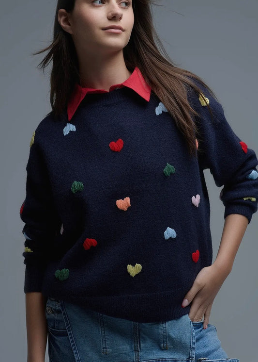 Q2 Navy Crew Neck Sweater With Multicoloured Embroidered Hearts