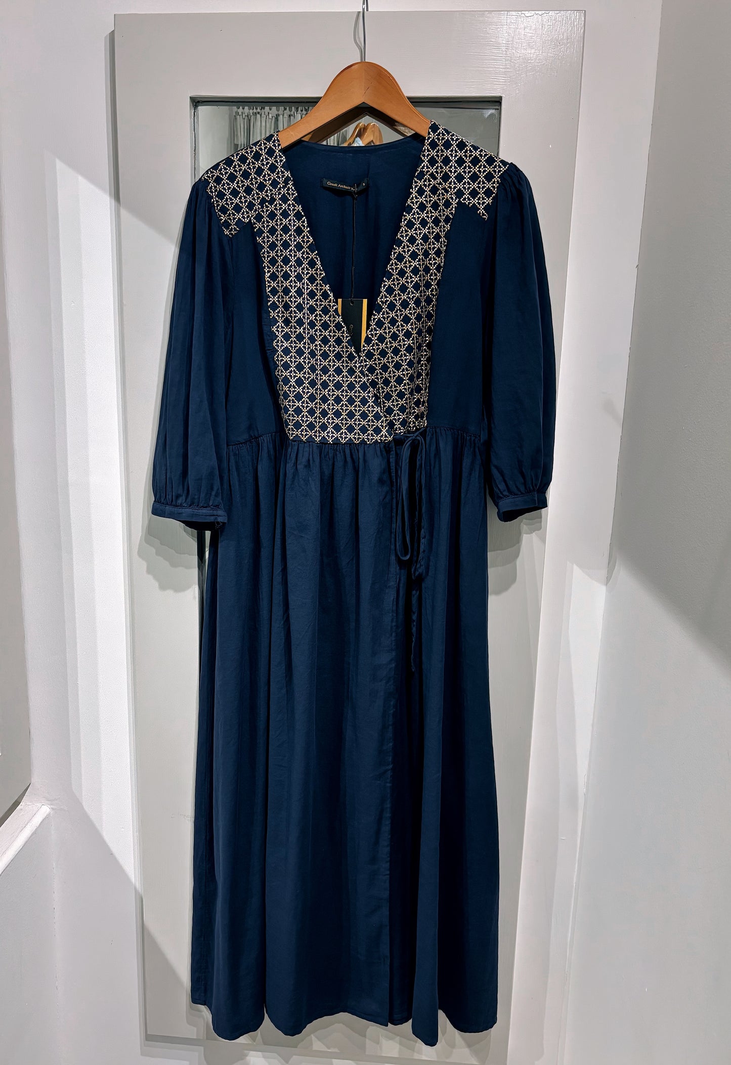 Greek Archaic Kori Navy Wrap Dress With Gold Embroidery