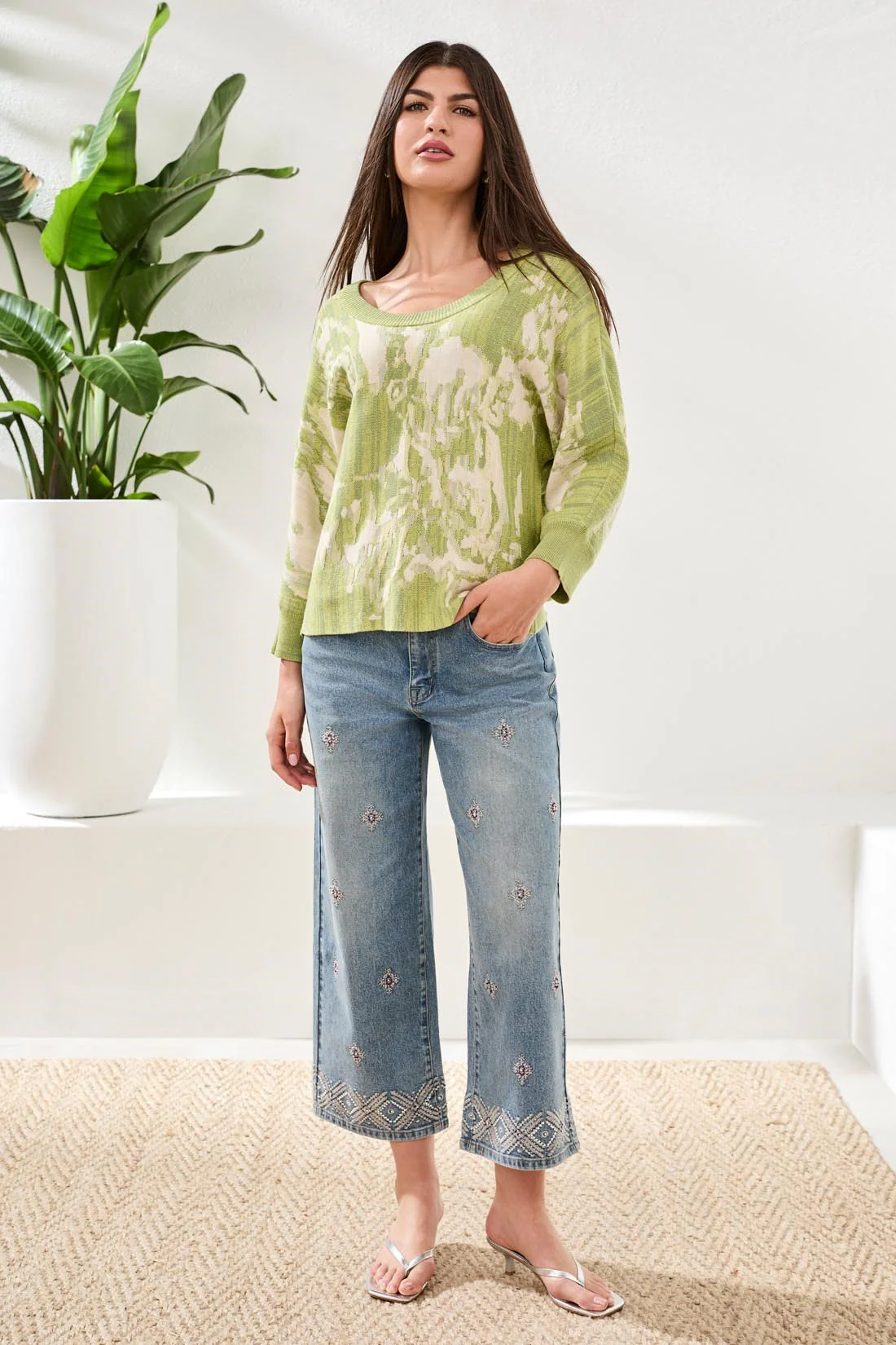 TRIBAL AUDREY HUGGING WIDE LEG DENIM WITH EMBROIDERED FINISH