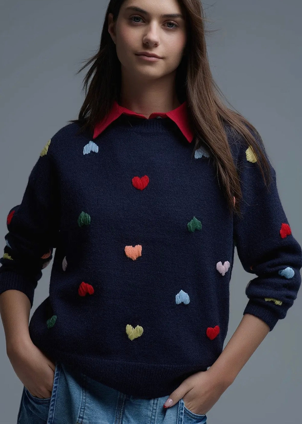 Q2 Navy Crew Neck Sweater With Multicoloured Embroidered Hearts