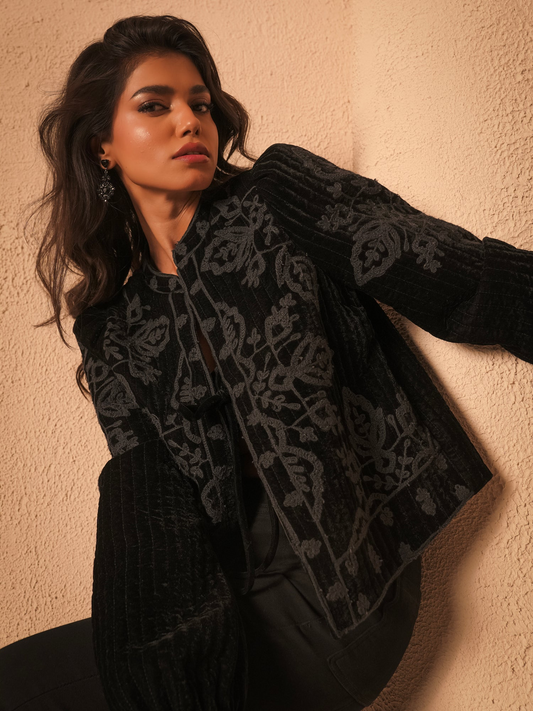 Rose & Nancy Lori Black Velvet Embroidered Quilt Jacket