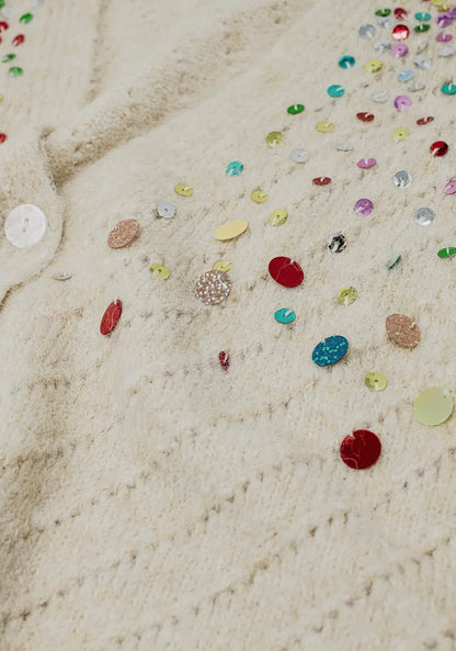 Q2 V-Neck Cardigan with Multicolor Embroidered
Sequin in Beige