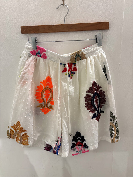 White Multi Coloured Embroidered Shorts With Lining