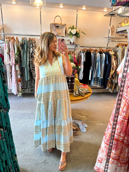 Greek Archaic Kori Cotton Embroidered Maxi Dress Baby Blue/ Gold