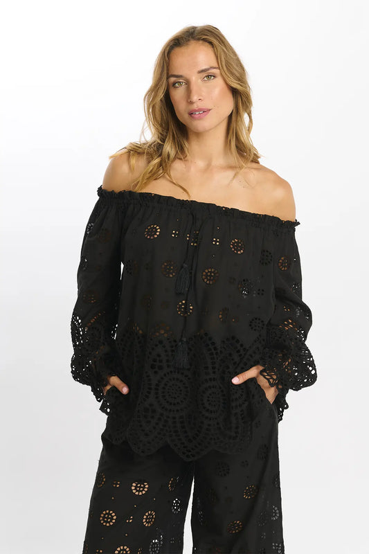 Miss June Opaline Bardot Embroidered Cotton Top In Black