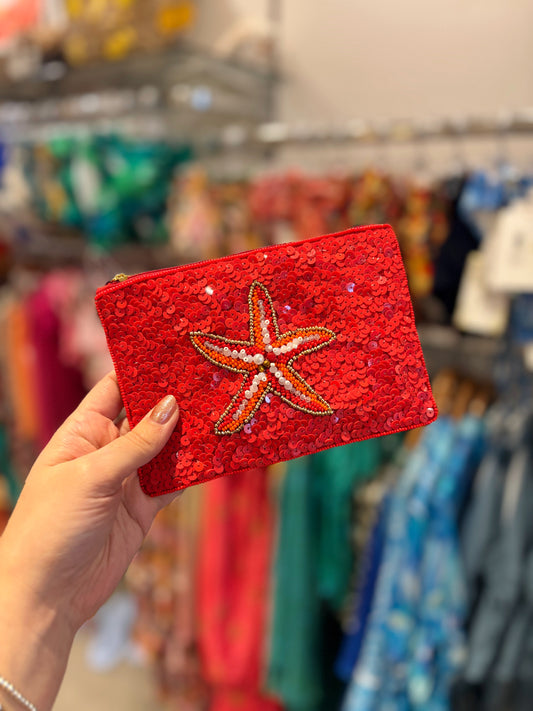 Shell Embellished Purse In Red/Orange