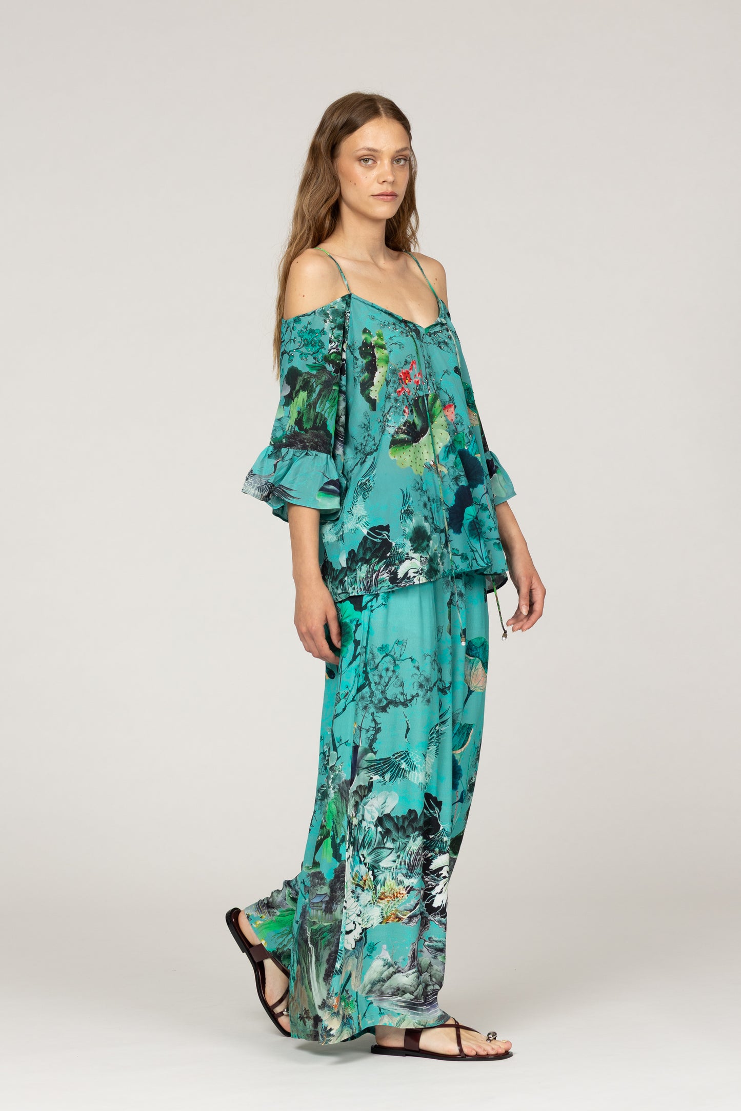 INOA Flora Green Silk Cold Shoulder Top With Embellishment