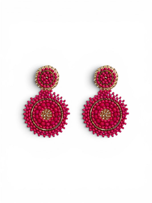 Mini Beaded Circle Drop Earrings in Fuchsia