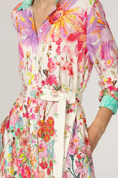 INOA Floral Print Silk Mix Shirt Dress