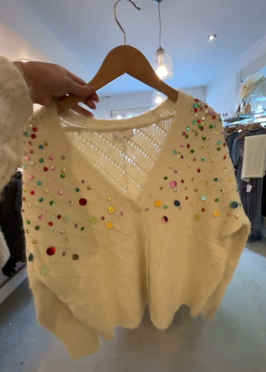 Q2 V-Neck Cardigan with Multicolor Embroidered
Sequin in Beige