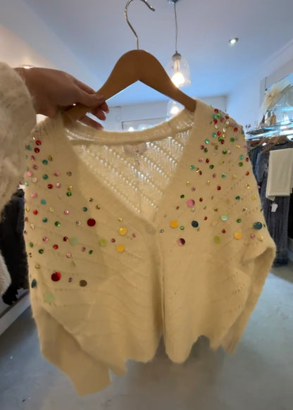 Q2 V-Neck Cardigan with Multicolor Embroidered
Sequin in Beige