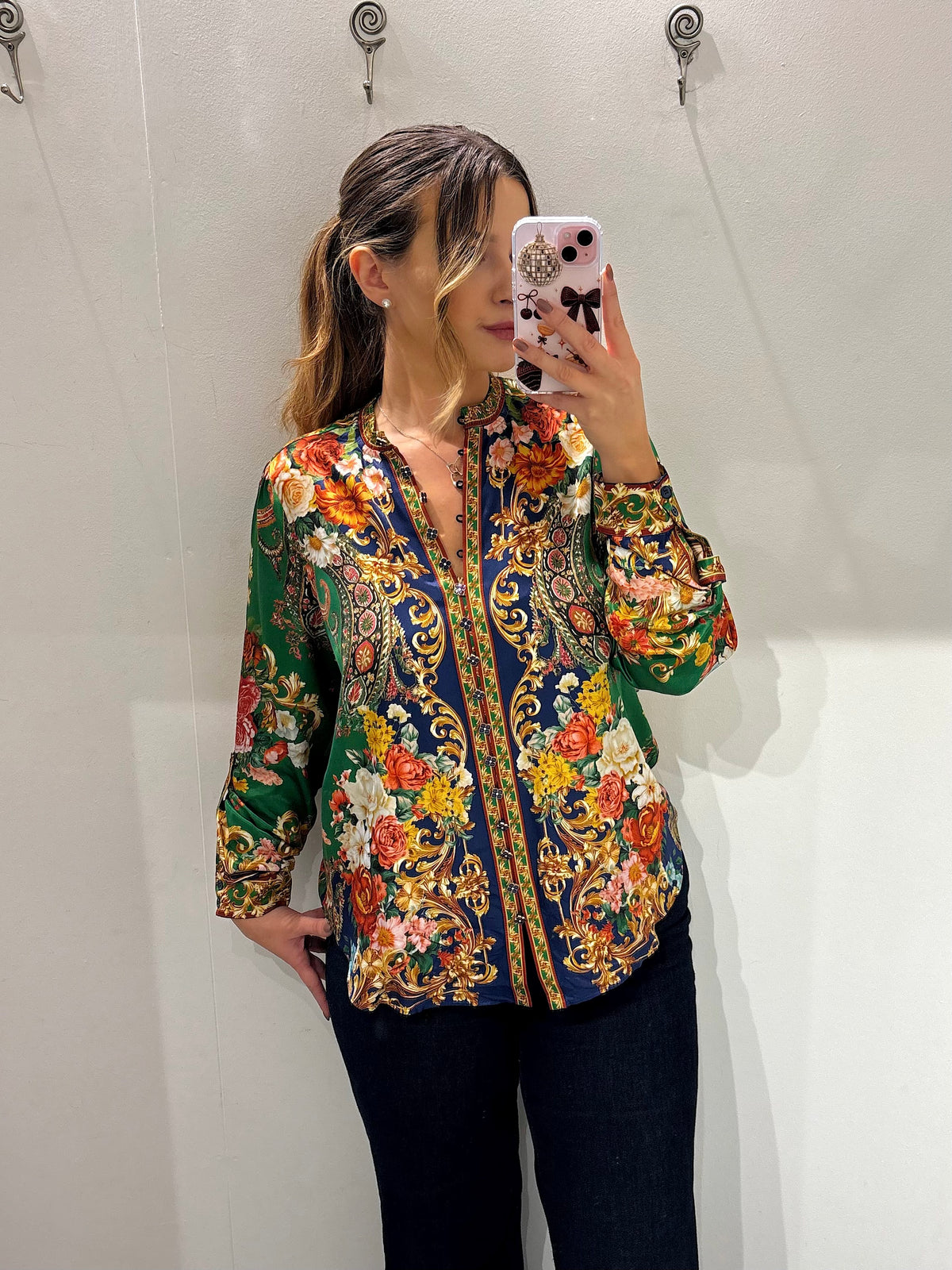 Hale Bob Green & Navy Multi Print Floral Ornate Print Blouse