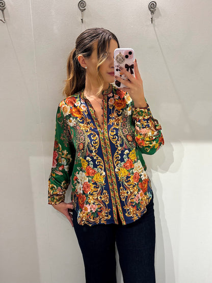 Hale Bob Green & Navy Multi Print Floral Ornate Print Blouse