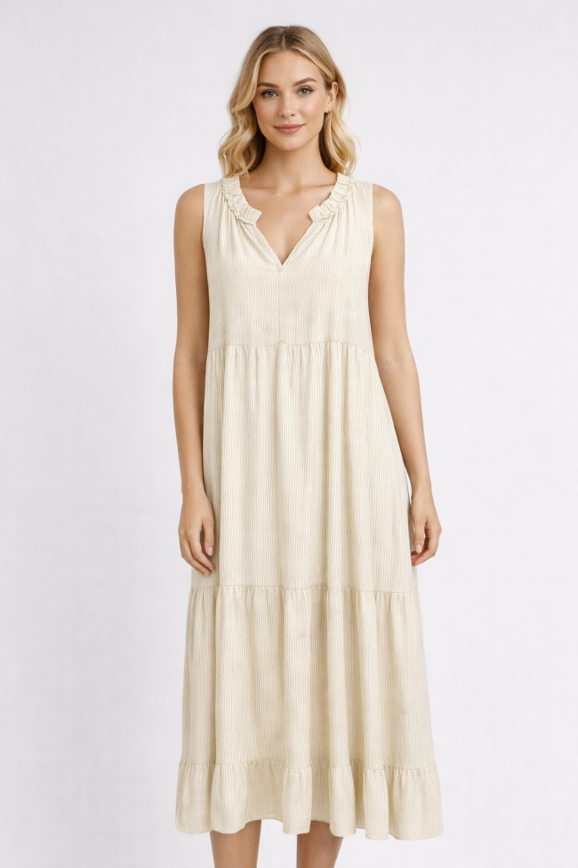 Sleeveless Midi Dress Stone Pinstripe