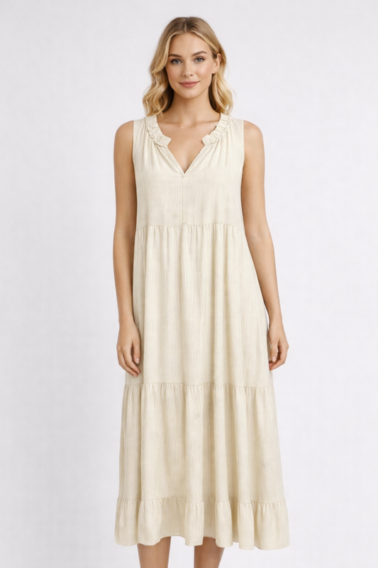 Sleeveless Midi Dress Stone Pinstripe