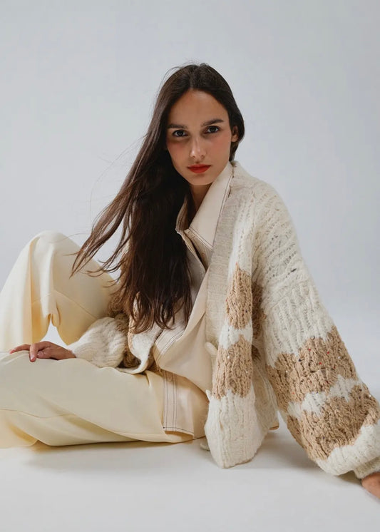 Q2 Chunky Knit Cardigan With Sequin Details In Cream