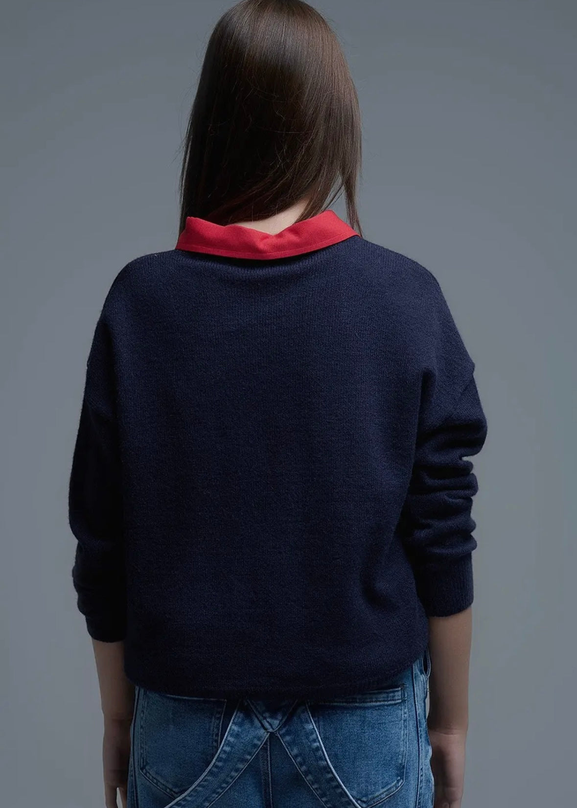 Q2 Navy Crew Neck Sweater With Multicoloured Embroidered Hearts