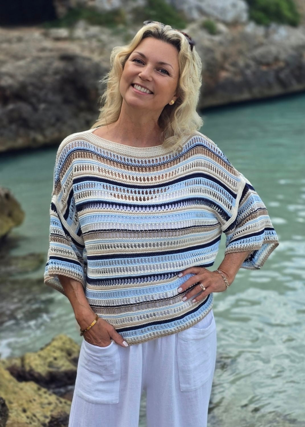 Cadenza Cotton Blend Striped Jumper In Creams