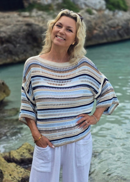 Cadenza Cotton Blend Striped Jumper In Creams