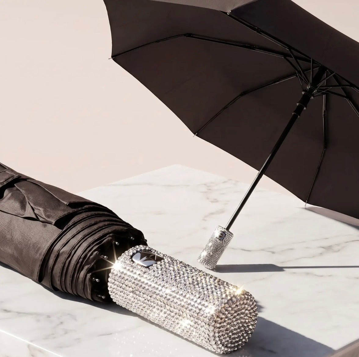 Crystal Handle UV Parasol & Rain Handbag Umbrella In Black