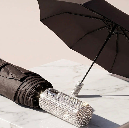 Crystal Handle UV Parasol & Rain Handbag Umbrella In Black