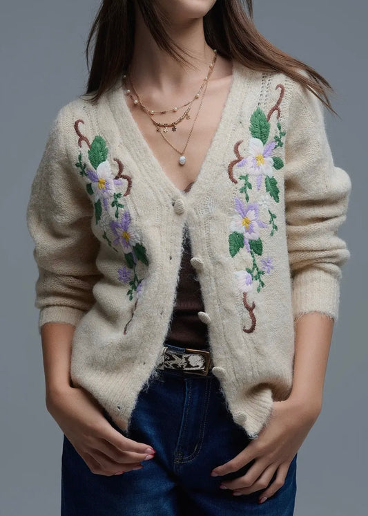 Q2 Cable Knit Beige Cardigan With Embroidered Flowers