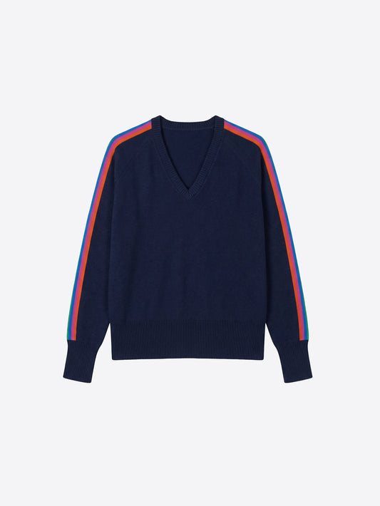 Vilagallo Navy Multicolour Stripe V-Neck Sweater