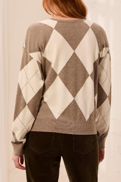 TRIBAL Diamond Print Jumper In Oatmeal With Studs