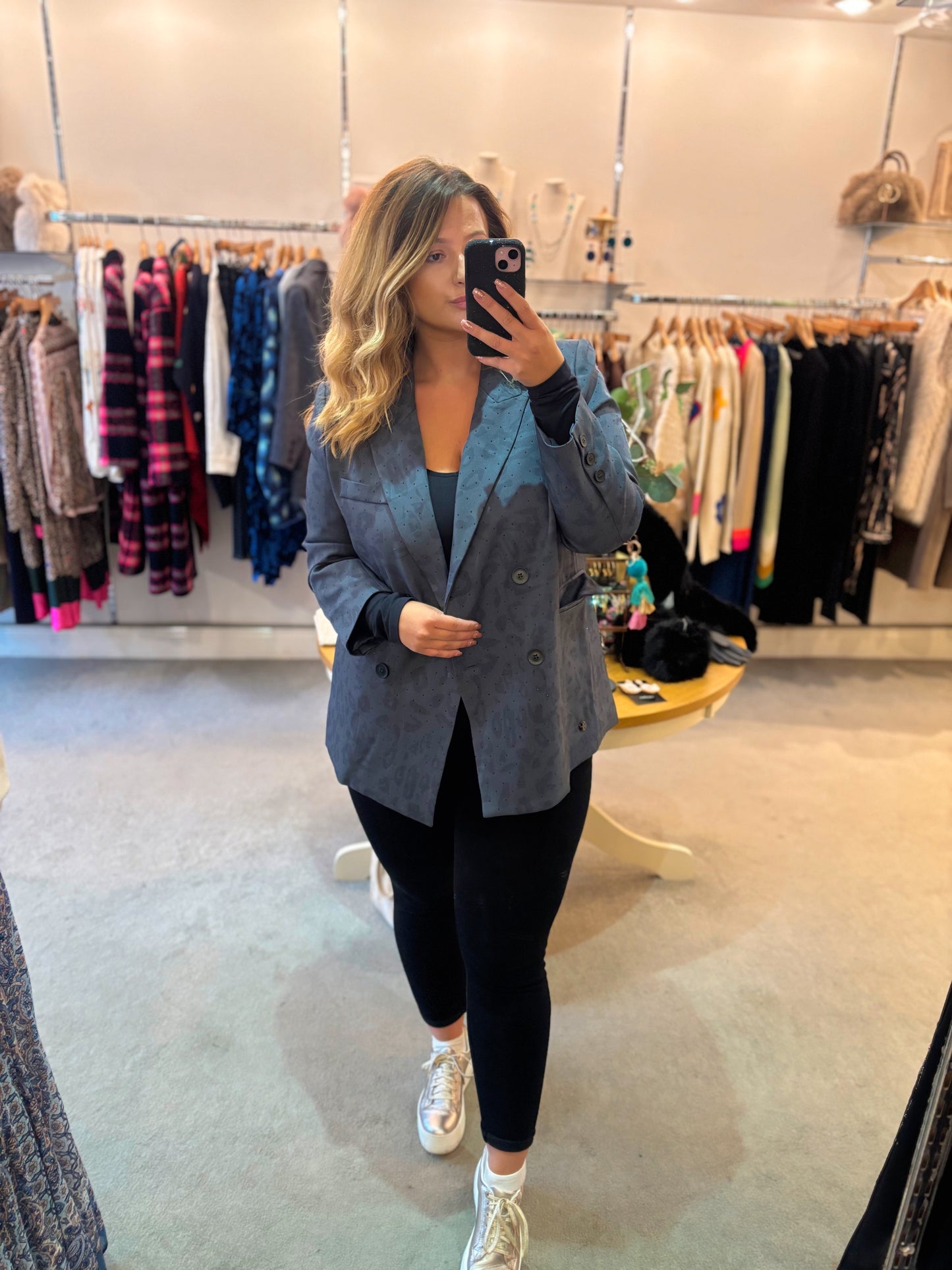 Grey Leopard Print Studded Blazer