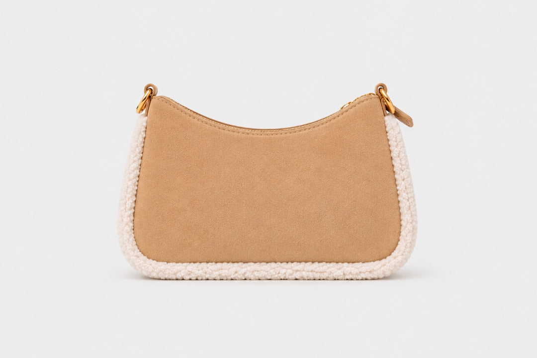 Sorena Valentina Suede Beige With Faux Fur Trim Crossbody Bag