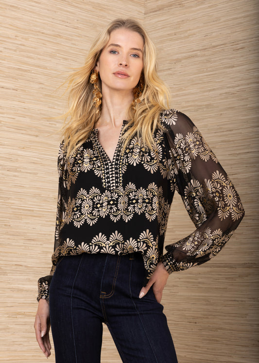Hale Bob Silk Devore Blouse In Black & Gold
