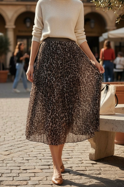 Leopard Print Pleated Maxi Skirt In Brown