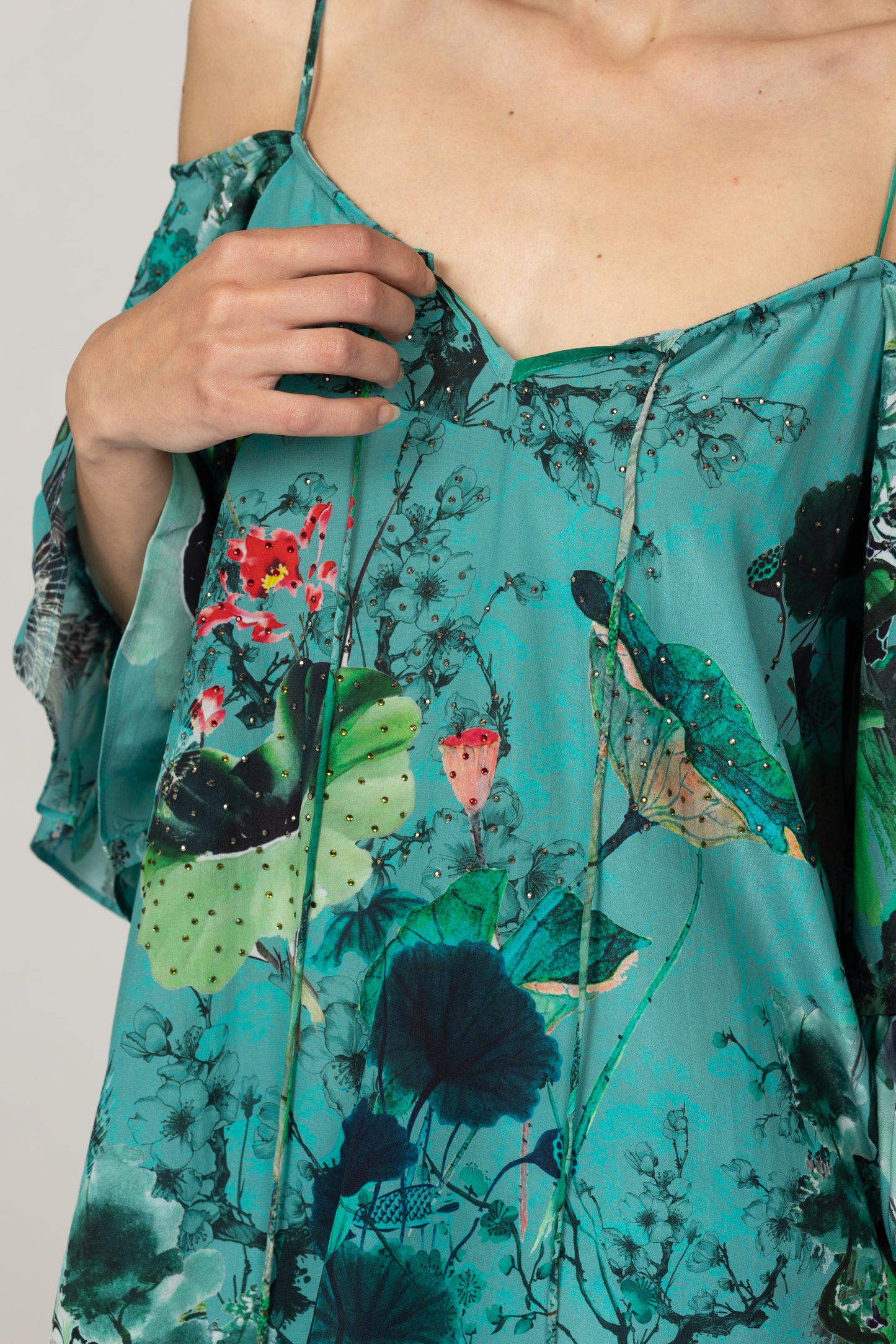 INOA Flora Green Silk Cold Shoulder Top With Embellishment