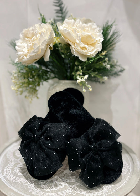 Fur Slippers With Organza Bow