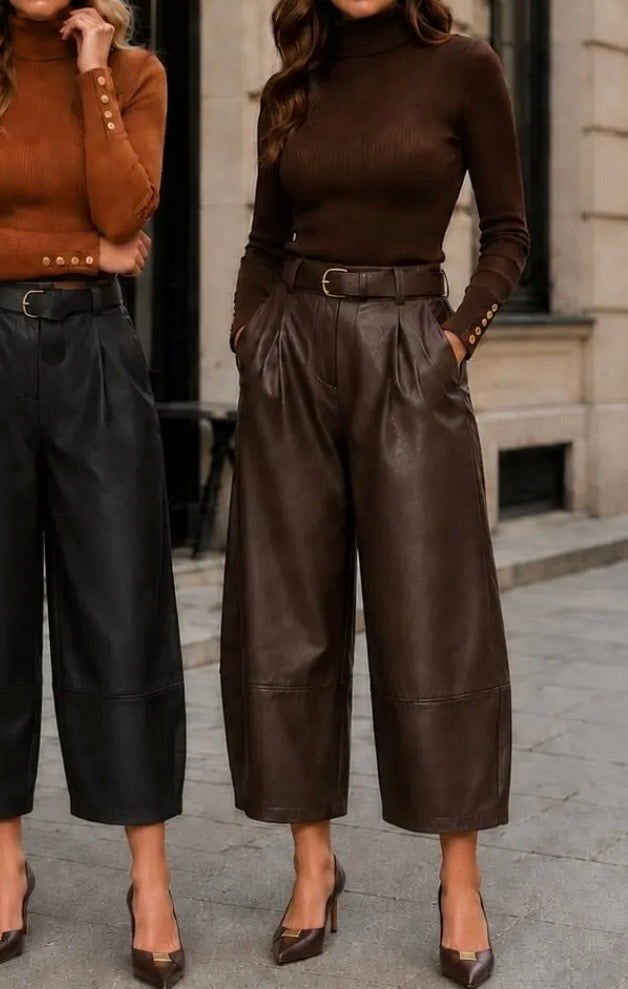 KM Black Barrell Leg Soft Pu Leather Look Trousers In Chocolate Brown