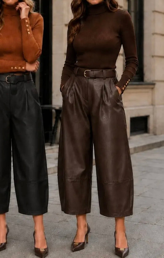 KM Black Barrell Leg Soft Pu Leather Look Trousers In Chocolate Brown