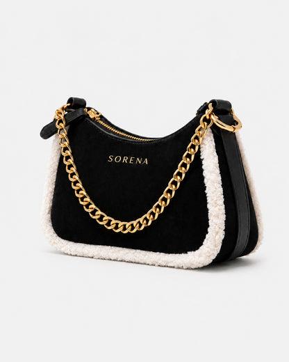 Sorena Valentina Suede Black With Faux Fur Trim Crossbody Bag