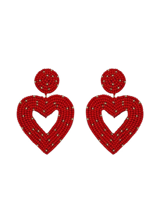 Beaded Heart Earrings In Red