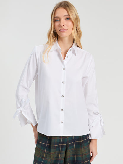 Vilagallo Diamonté Button Tie Sleeve White Shurt