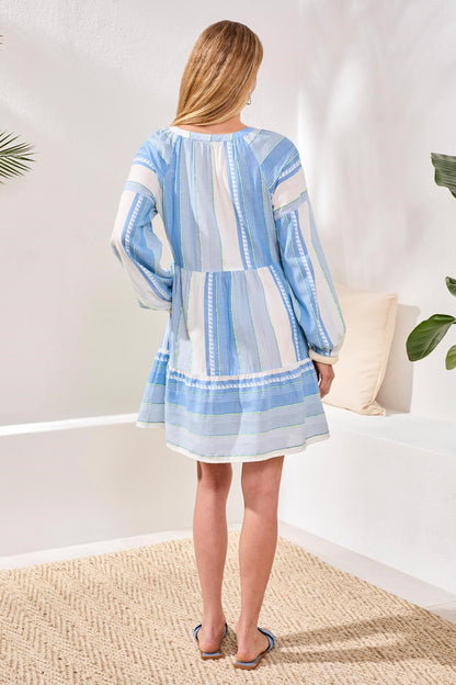 TRIBAL JACQUARD TIERED DRESS WITH BALLOON SLEEVES AND DRAWCORD NECKLINE