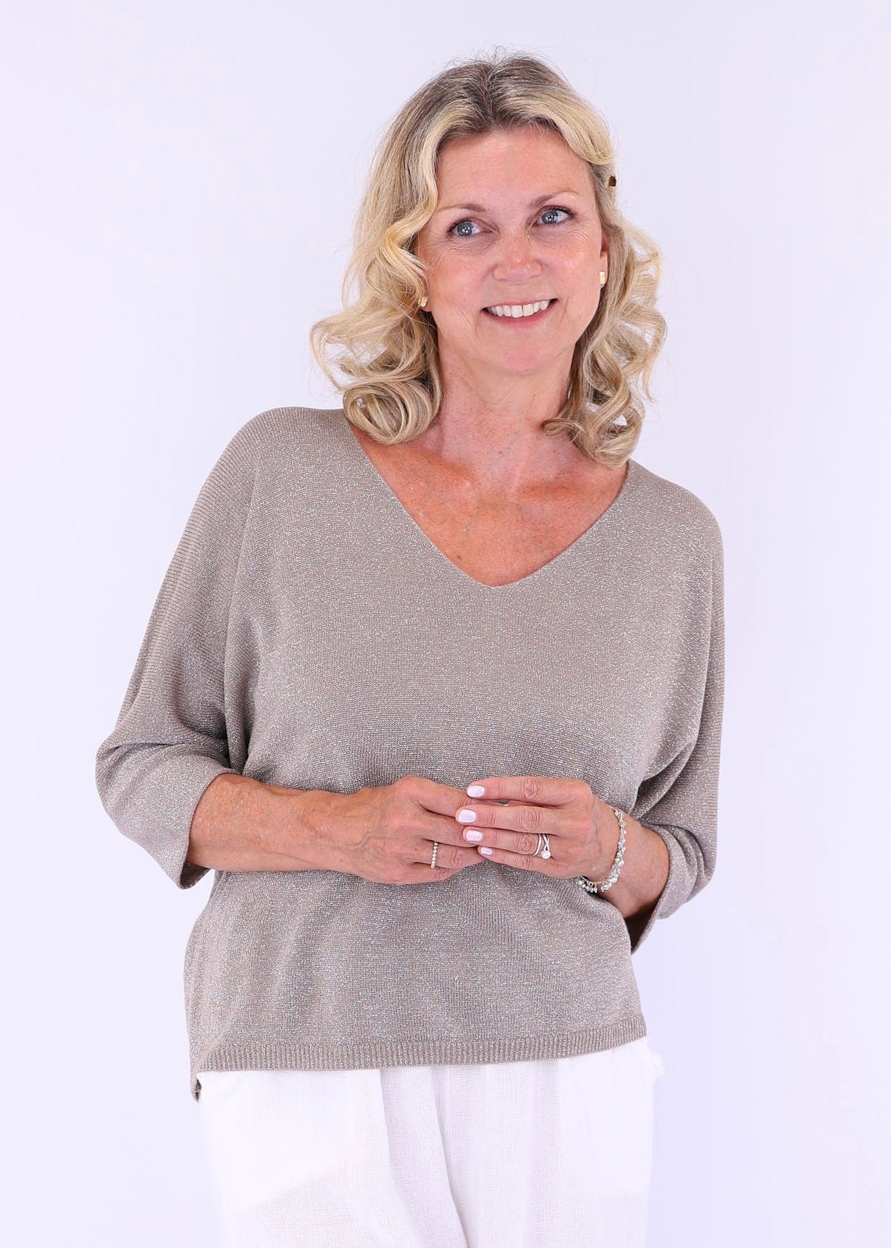Cadenza V Neck Sparkle Top In Taupe