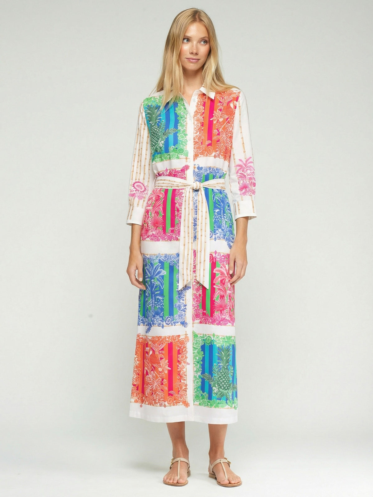 Vilagallo Long shirt dress with a multicolored bamboo print