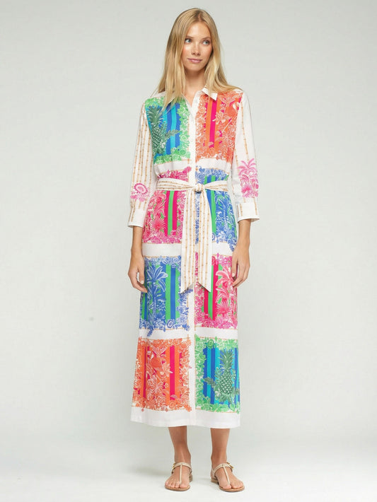 Vilagallo Long shirt dress with a multicolored bamboo print