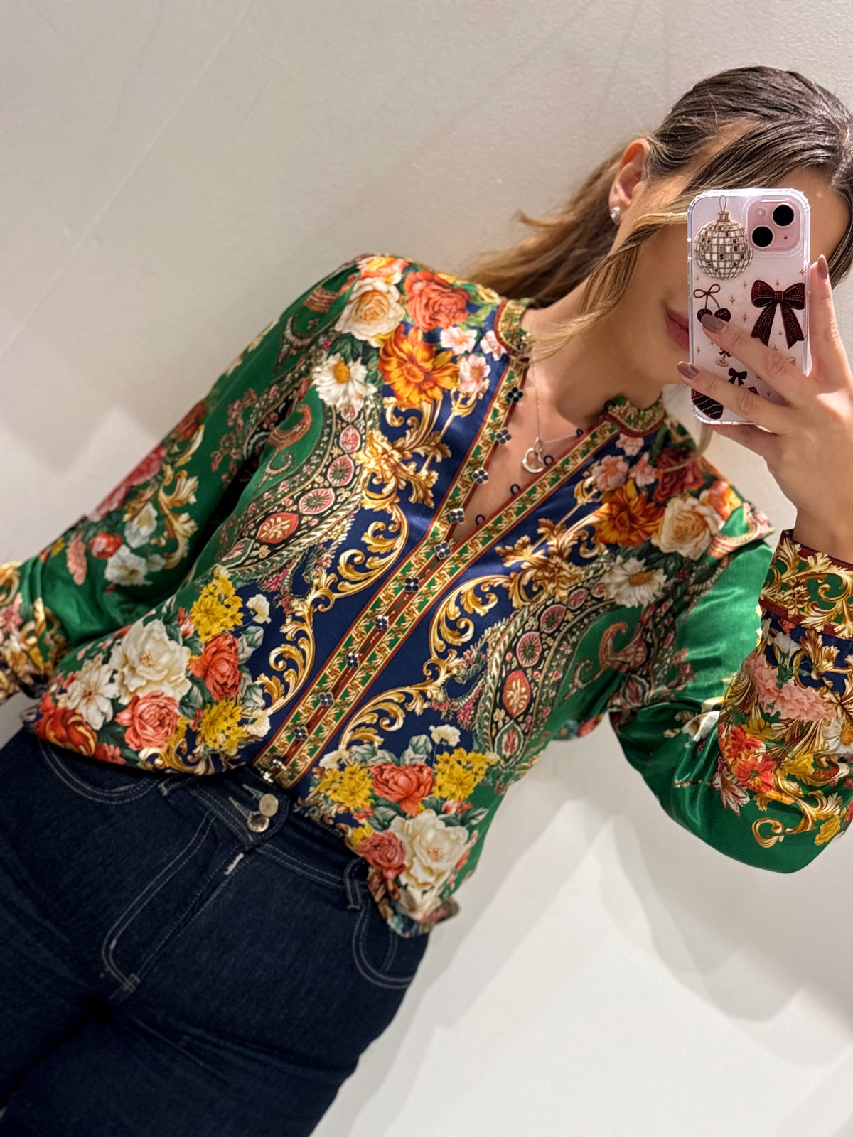 Hale Bob Green & Navy Multi Print Floral Ornate Print Blouse